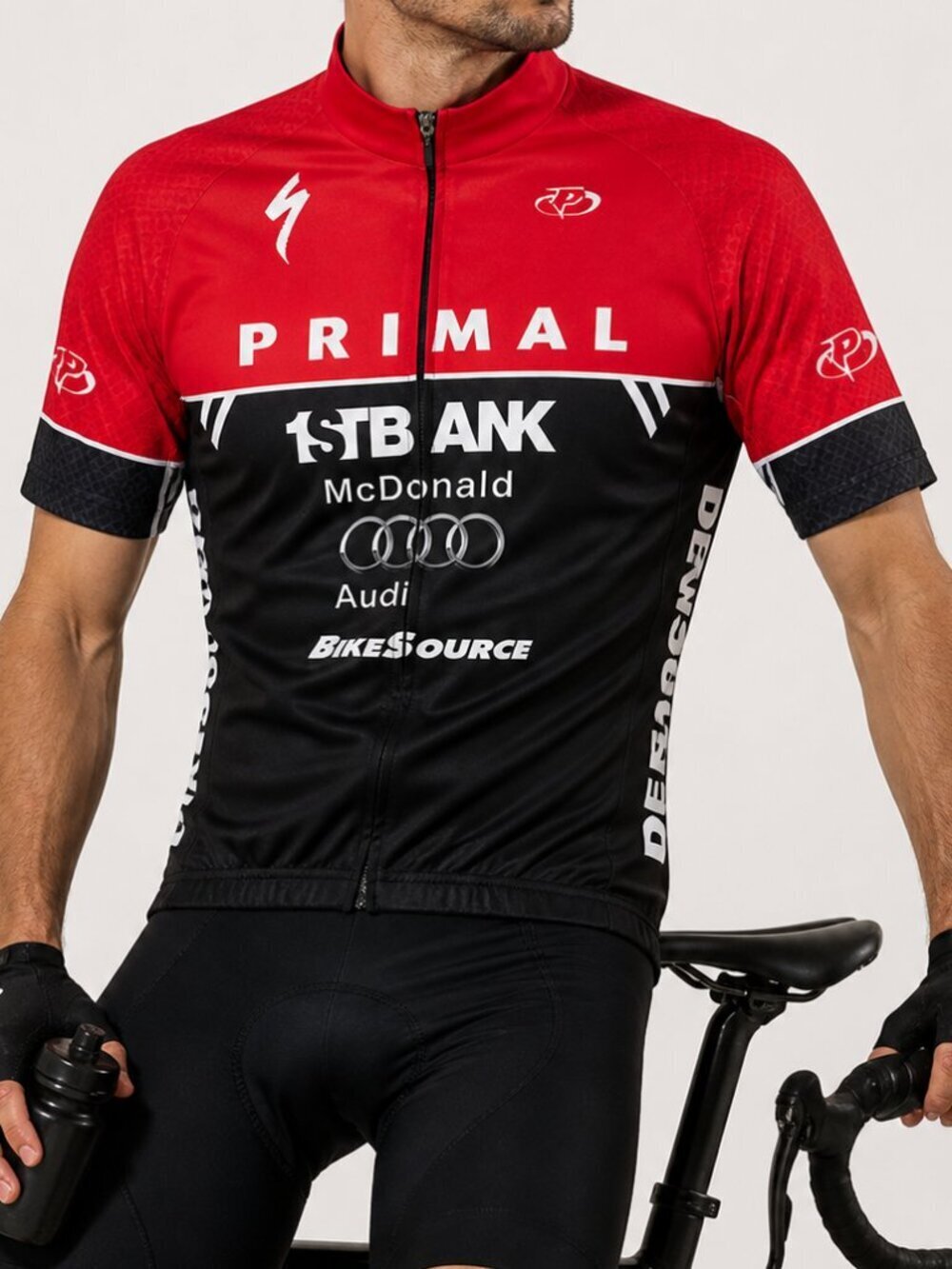PRIMAL Audi Short Sleeve Racecut Full Zip Cycling Jersey Shirt Red Large